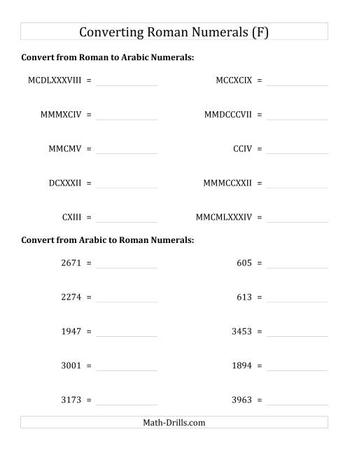 The Converting Roman Numerals up to MMMCMXCIX to Standard Numbers (F) Math Worksheet