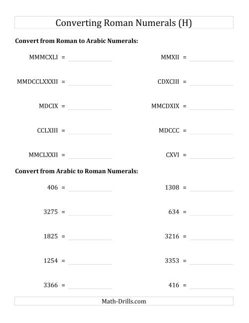 The Converting Roman Numerals up to MMMCMXCIX to Standard Numbers (H) Math Worksheet