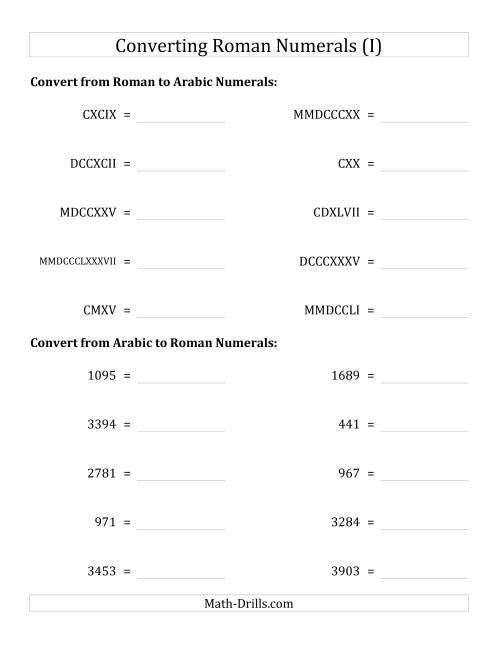 The Converting Roman Numerals up to MMMCMXCIX to Standard Numbers (I) Math Worksheet