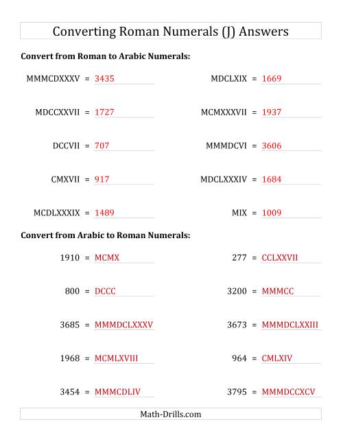 The Converting Roman Numerals up to MMMCMXCIX to Standard Numbers (J) Math Worksheet Page 2