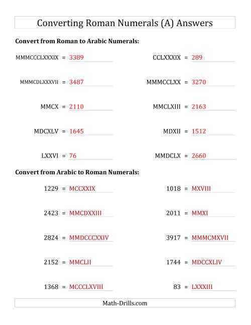 The Converting Roman Numerals up to MMMCMXCIX to Standard Numbers (All) Math Worksheet Page 2
