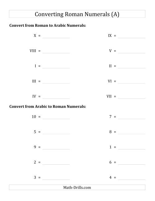 The Converting Roman Numerals from I to X to Standard Numbers (A) Math Worksheet