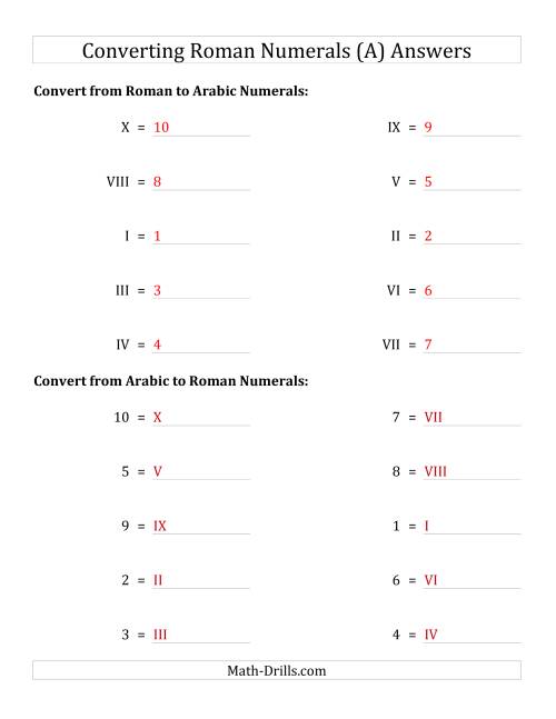 The Converting Roman Numerals from I to X to Standard Numbers (A) Math Worksheet Page 2