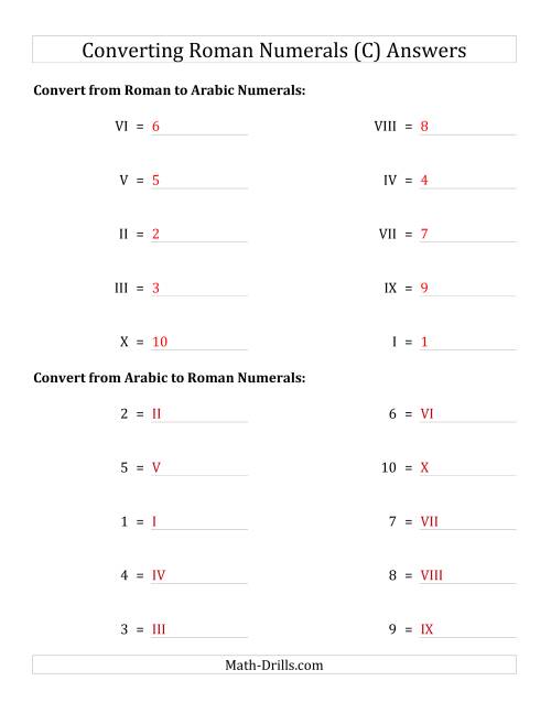 The Converting Roman Numerals from I to X to Standard Numbers (C) Math Worksheet Page 2