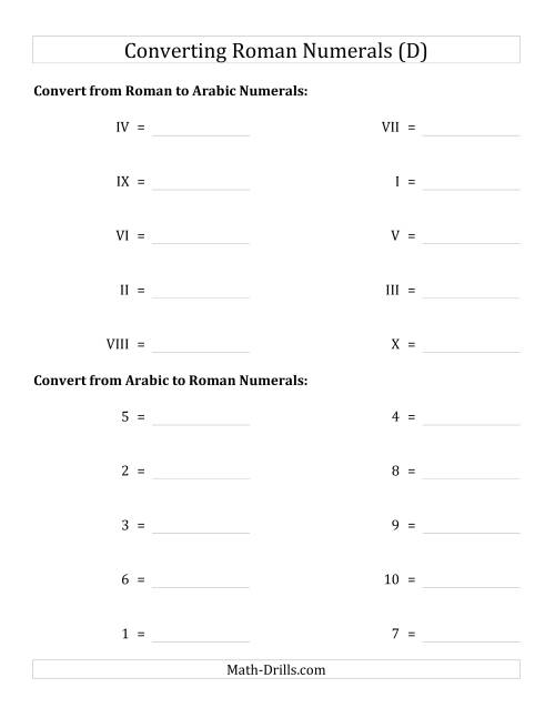The Converting Roman Numerals from I to X to Standard Numbers (D) Math Worksheet