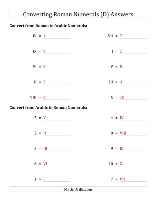 The Converting Roman Numerals from I to X to Standard Numbers (D) Math Worksheet Page 2