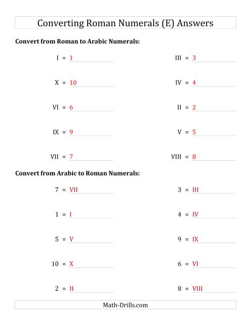 The Converting Roman Numerals from I to X to Standard Numbers (E) Math Worksheet Page 2