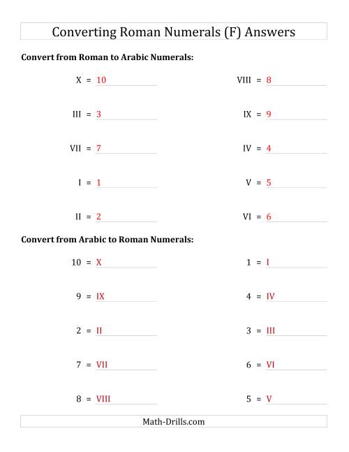 The Converting Roman Numerals from I to X to Standard Numbers (F) Math Worksheet Page 2