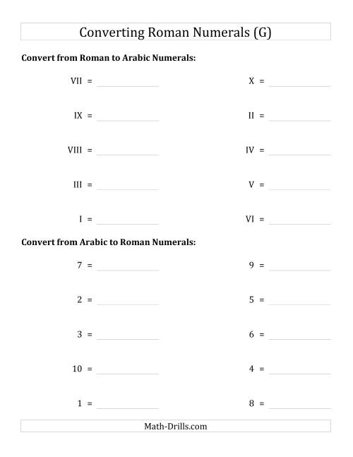 The Converting Roman Numerals from I to X to Standard Numbers (G) Math Worksheet