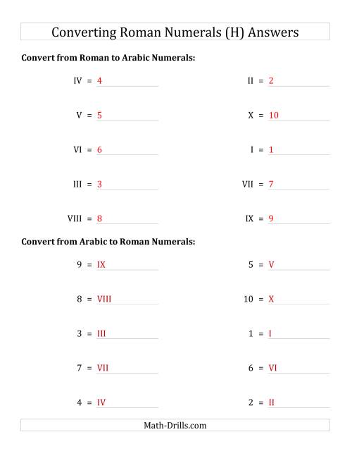 The Converting Roman Numerals from I to X to Standard Numbers (H) Math Worksheet Page 2