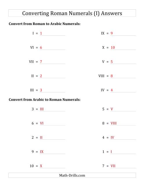The Converting Roman Numerals from I to X to Standard Numbers (I) Math Worksheet Page 2