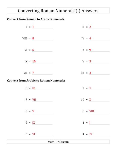 The Converting Roman Numerals from I to X to Standard Numbers (J) Math Worksheet Page 2