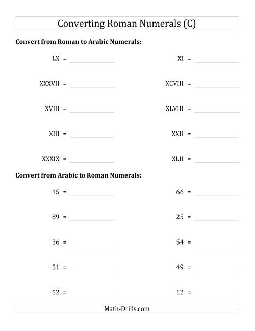 The Converting Roman Numerals up to C to Standard Numbers (C) Math Worksheet
