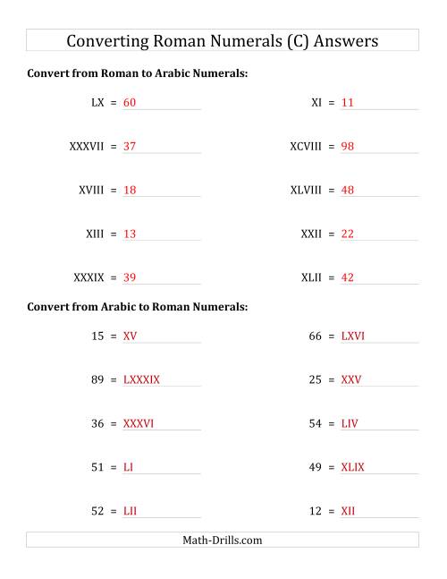 The Converting Roman Numerals up to C to Standard Numbers (C) Math Worksheet Page 2