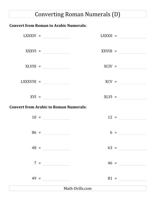 The Converting Roman Numerals up to C to Standard Numbers (D) Math Worksheet