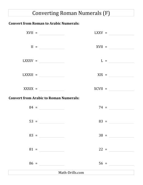 The Converting Roman Numerals up to C to Standard Numbers (F) Math Worksheet