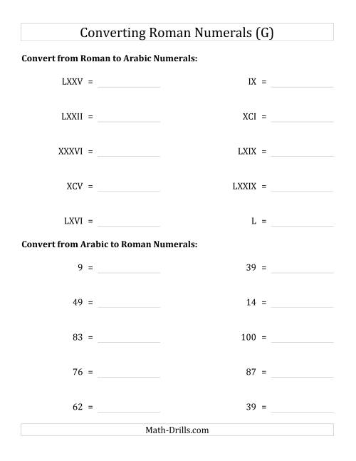 The Converting Roman Numerals up to C to Standard Numbers (G) Math Worksheet