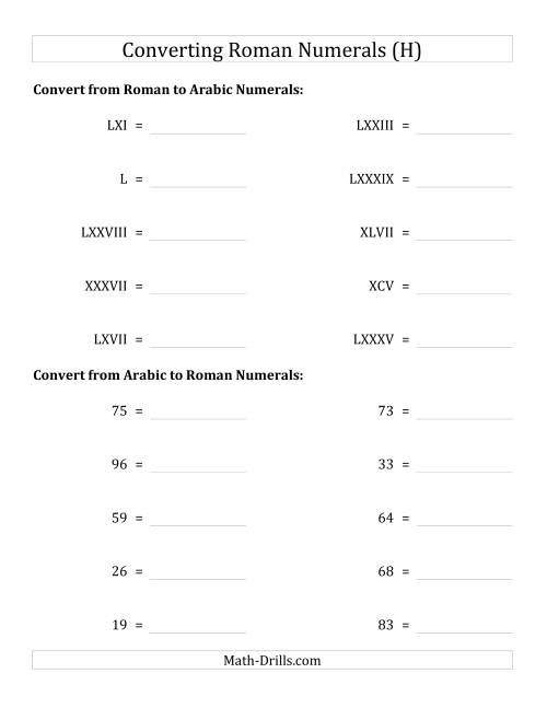 The Converting Roman Numerals up to C to Standard Numbers (H) Math Worksheet