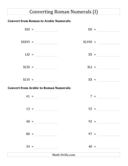 The Converting Roman Numerals up to C to Standard Numbers (I) Math Worksheet