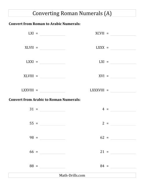 The Converting Roman Numerals up to C to Standard Numbers (All) Math Worksheet