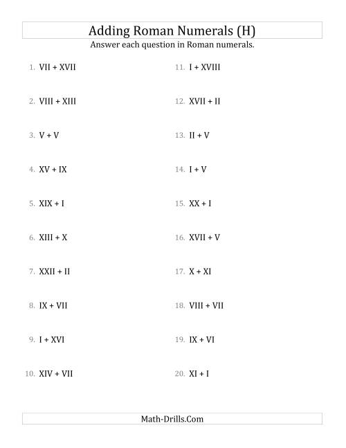 The Adding Roman Numerals up to XXV (H) Math Worksheet