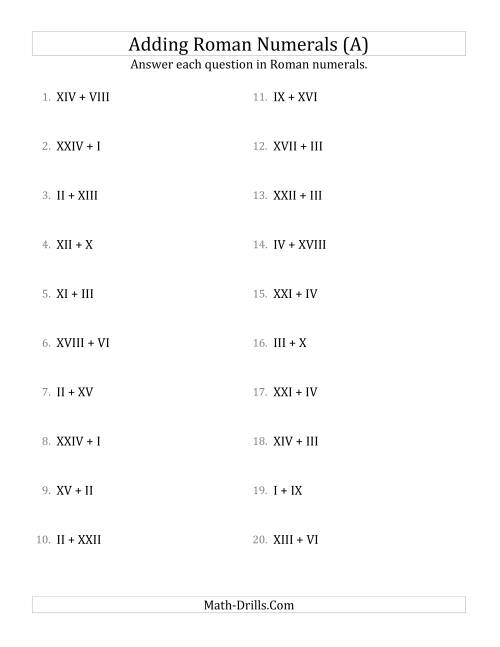 The Adding Roman Numerals up to XXV (All) Math Worksheet