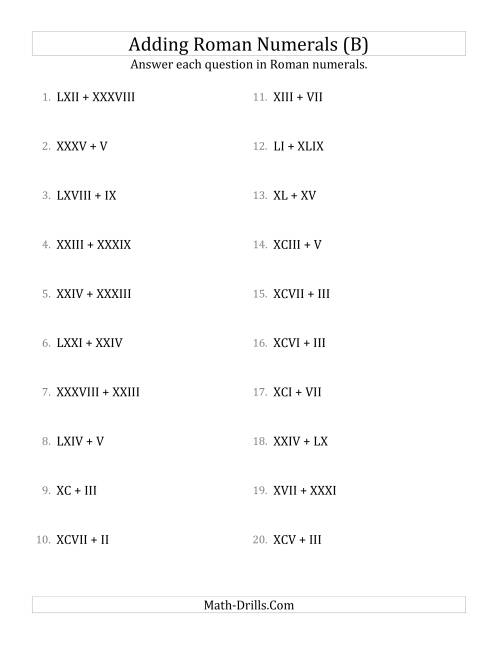 The Adding Roman Numerals up to C (B) Math Worksheet