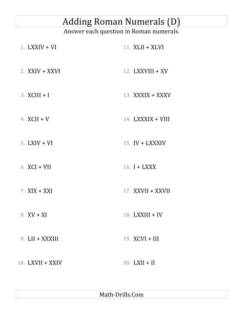 The Adding Roman Numerals up to C (D) Math Worksheet