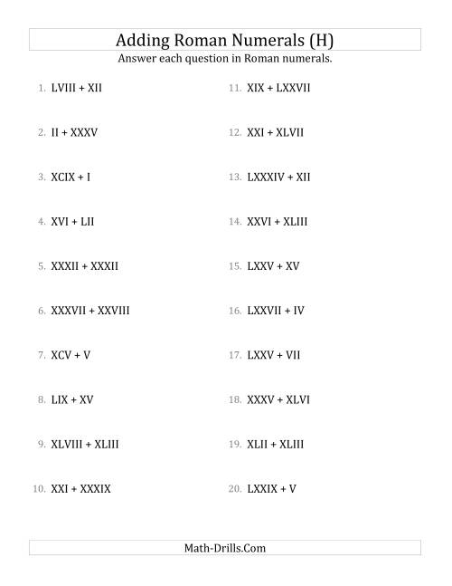 The Adding Roman Numerals up to C (H) Math Worksheet