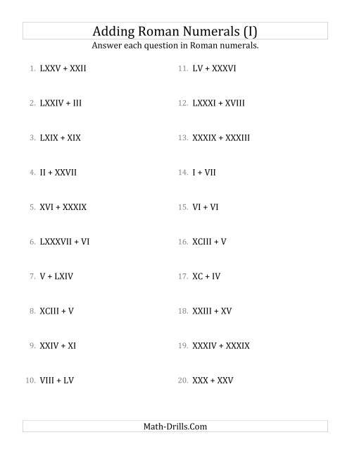 The Adding Roman Numerals up to C (I) Math Worksheet