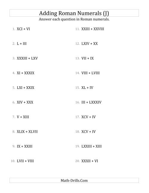 The Adding Roman Numerals up to C (J) Math Worksheet