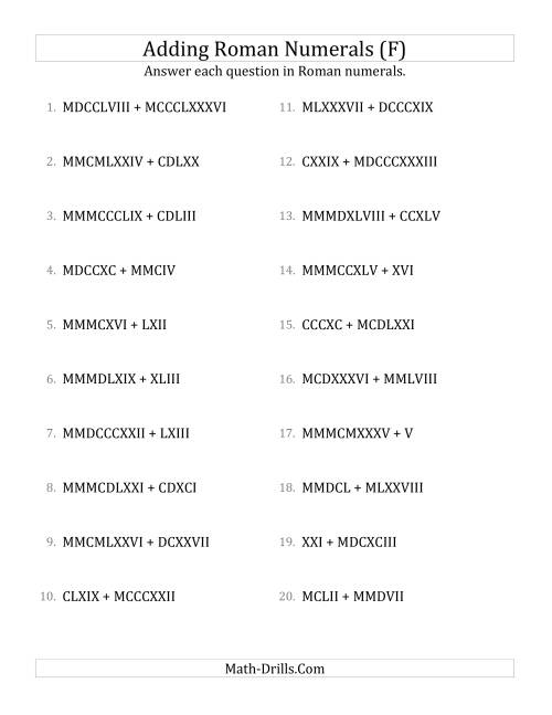 The Adding Roman Numerals up to MMMCMXCIX (F) Math Worksheet