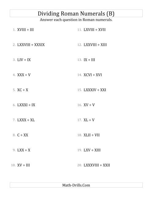 The Dividing Roman Numerals up to C (B) Math Worksheet