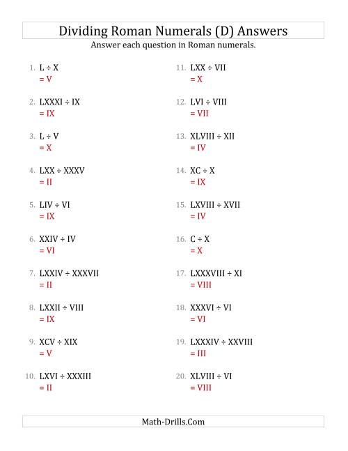 The Dividing Roman Numerals up to C (D) Math Worksheet Page 2
