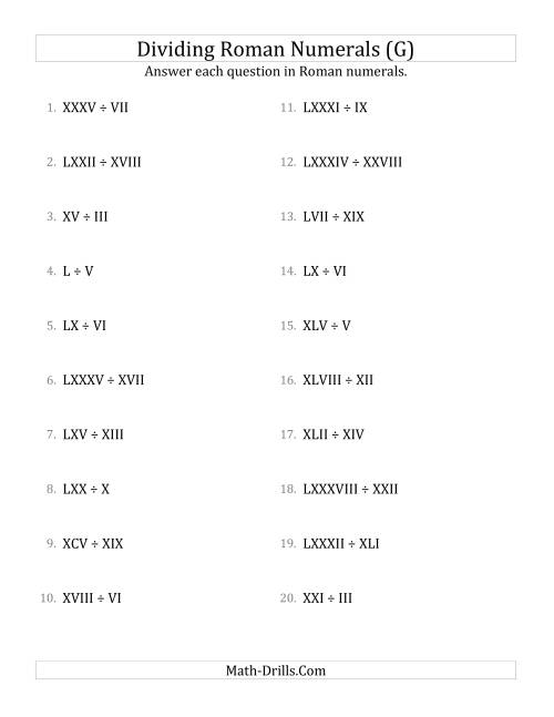 The Dividing Roman Numerals up to C (G) Math Worksheet
