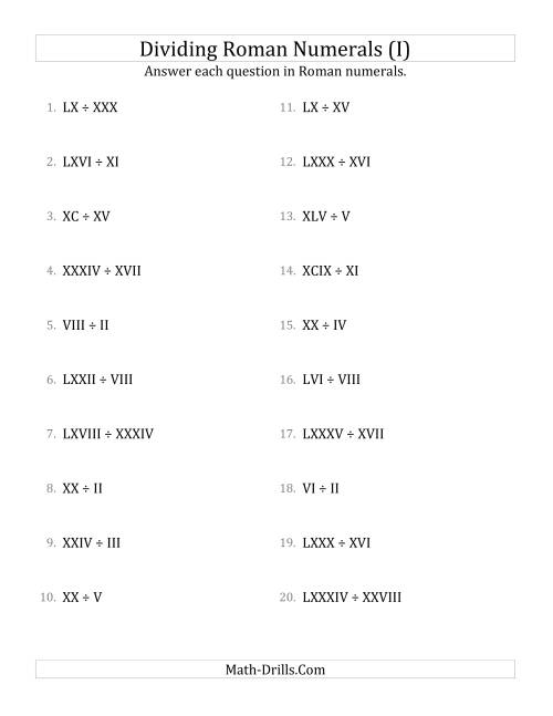 The Dividing Roman Numerals up to C (I) Math Worksheet