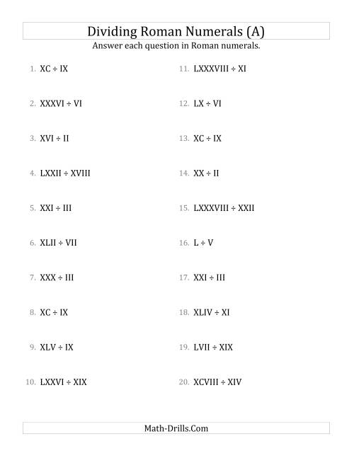 The Dividing Roman Numerals up to C (All) Math Worksheet