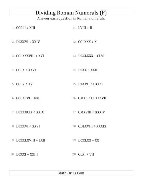 The Dividing Roman Numerals up to M (F) Math Worksheet