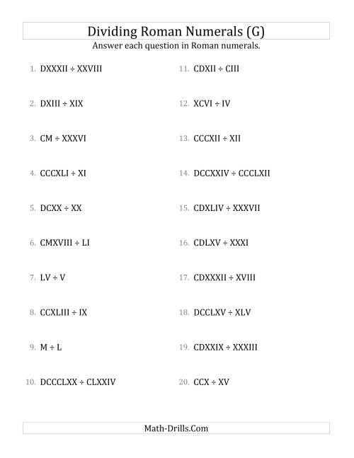 The Dividing Roman Numerals up to M (G) Math Worksheet