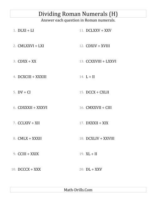 The Dividing Roman Numerals up to M (H) Math Worksheet