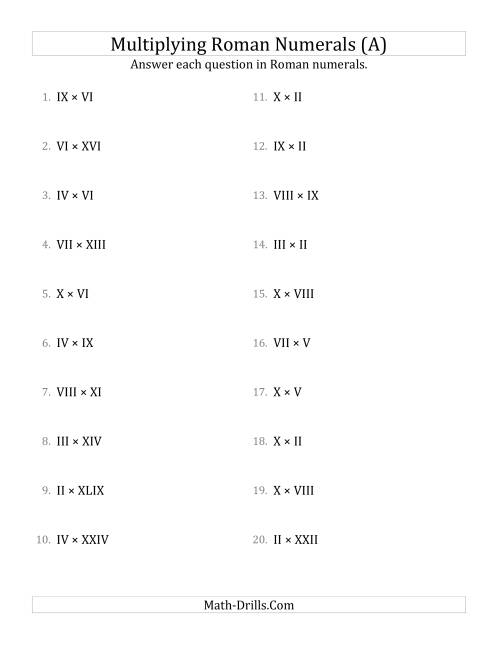 The Multiplying Roman Numerals up to C (A) Math Worksheet