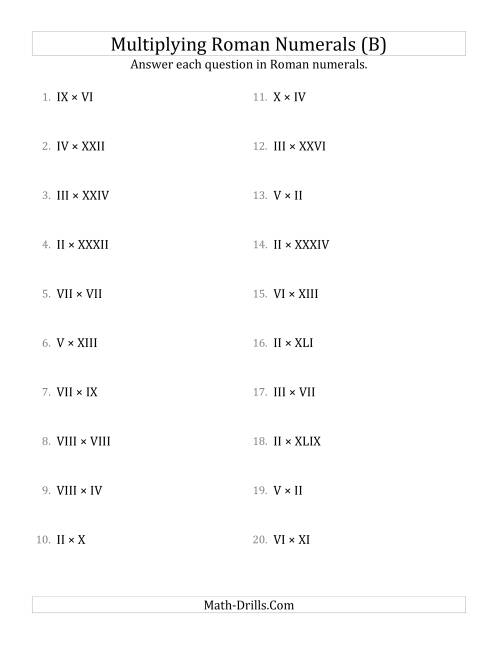 The Multiplying Roman Numerals up to C (B) Math Worksheet