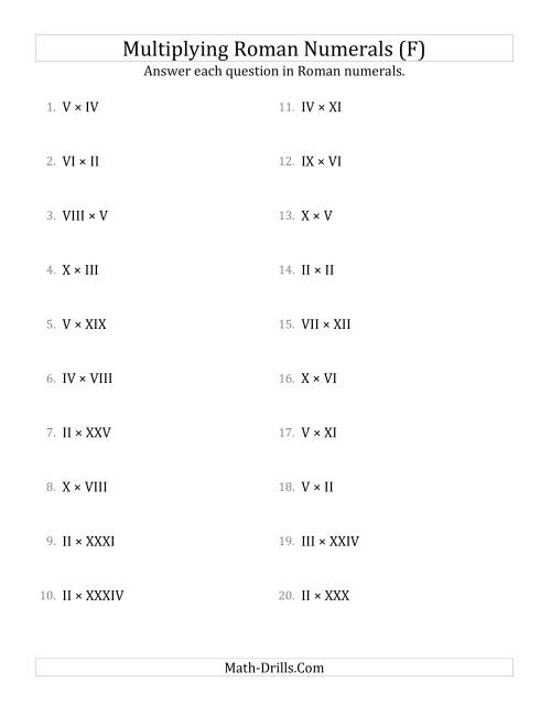 The Multiplying Roman Numerals up to C (F) Math Worksheet