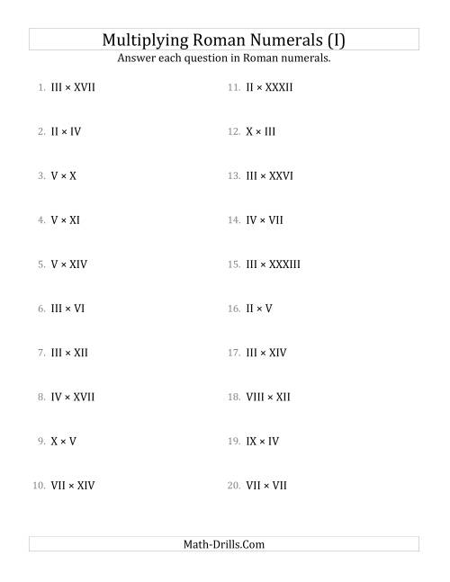 The Multiplying Roman Numerals up to C (I) Math Worksheet