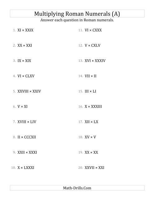 The Multiplying Roman Numerals up to M (A) Math Worksheet