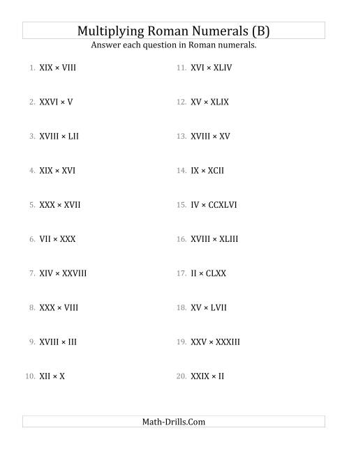 The Multiplying Roman Numerals up to M (B) Math Worksheet