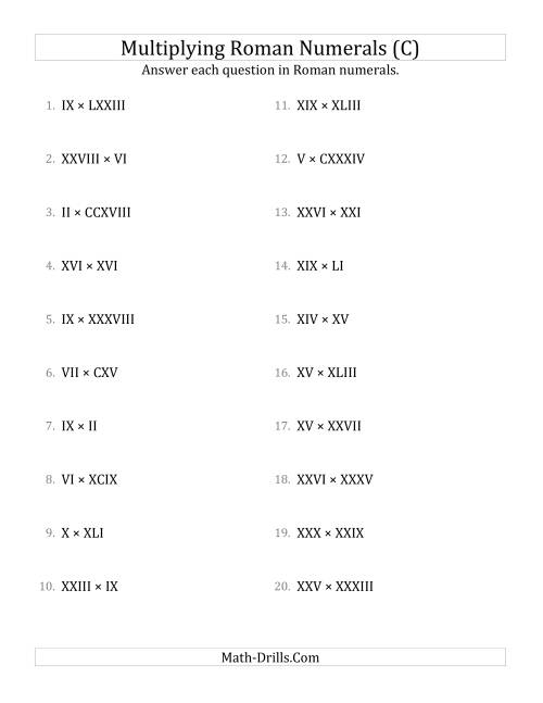 The Multiplying Roman Numerals up to M (C) Math Worksheet