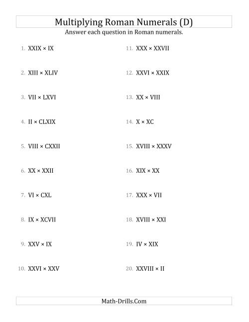 The Multiplying Roman Numerals up to M (D) Math Worksheet