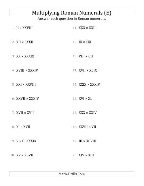 The Multiplying Roman Numerals up to M (E) Math Worksheet
