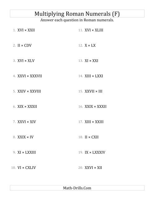 The Multiplying Roman Numerals up to M (F) Math Worksheet